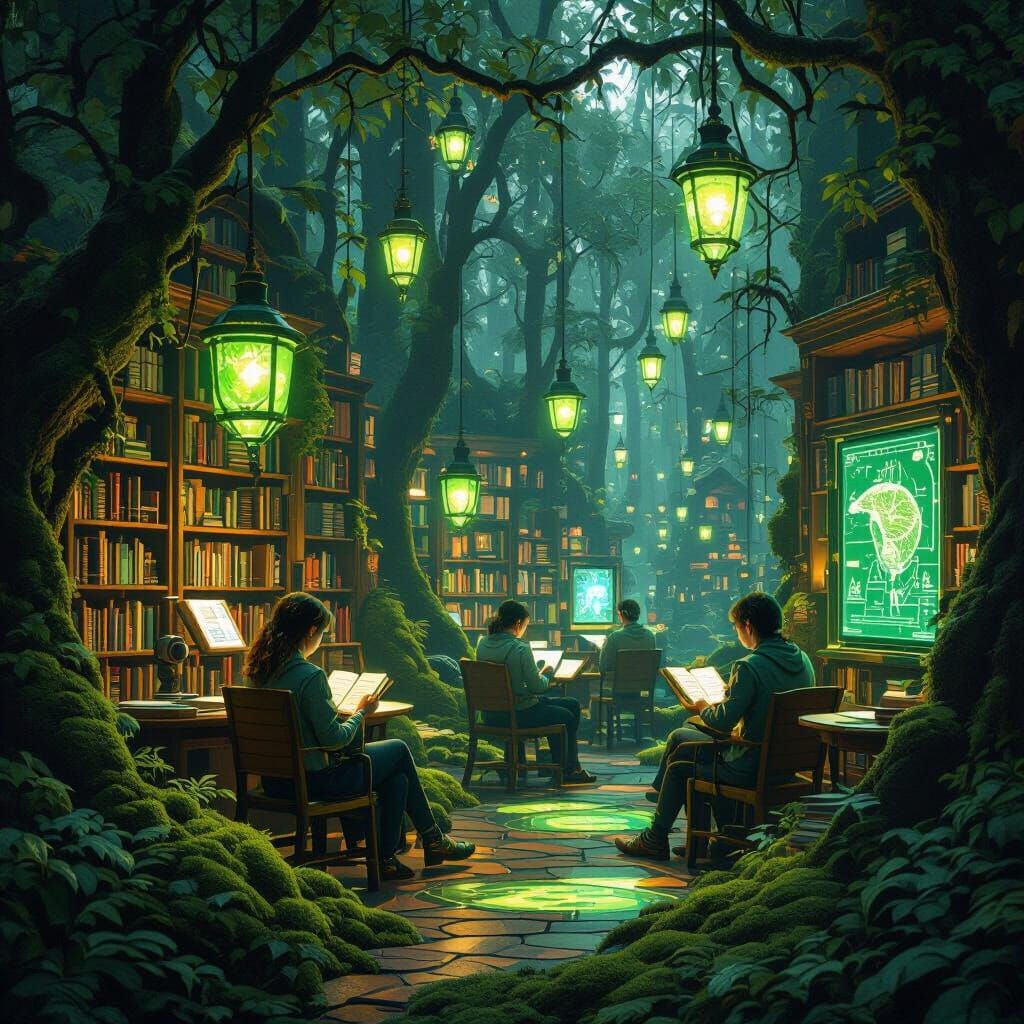 Enchanted Forest Library with Bioluminescent Lights
