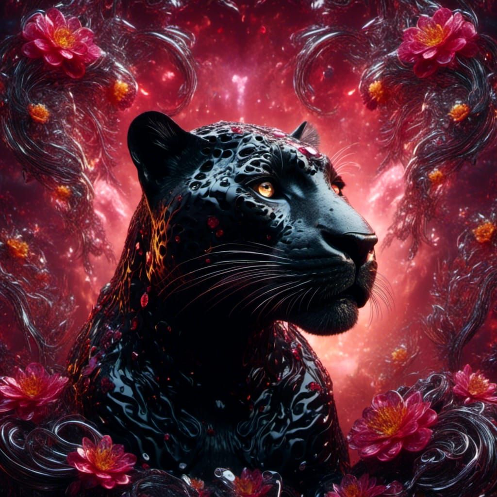 Black Jaguar Surrounded by Rubies in HDR