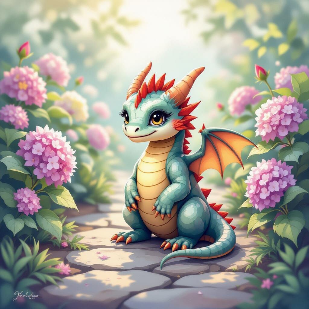 Cute Baby Dragon in Hydrangea Garden, Romantic Watercolor