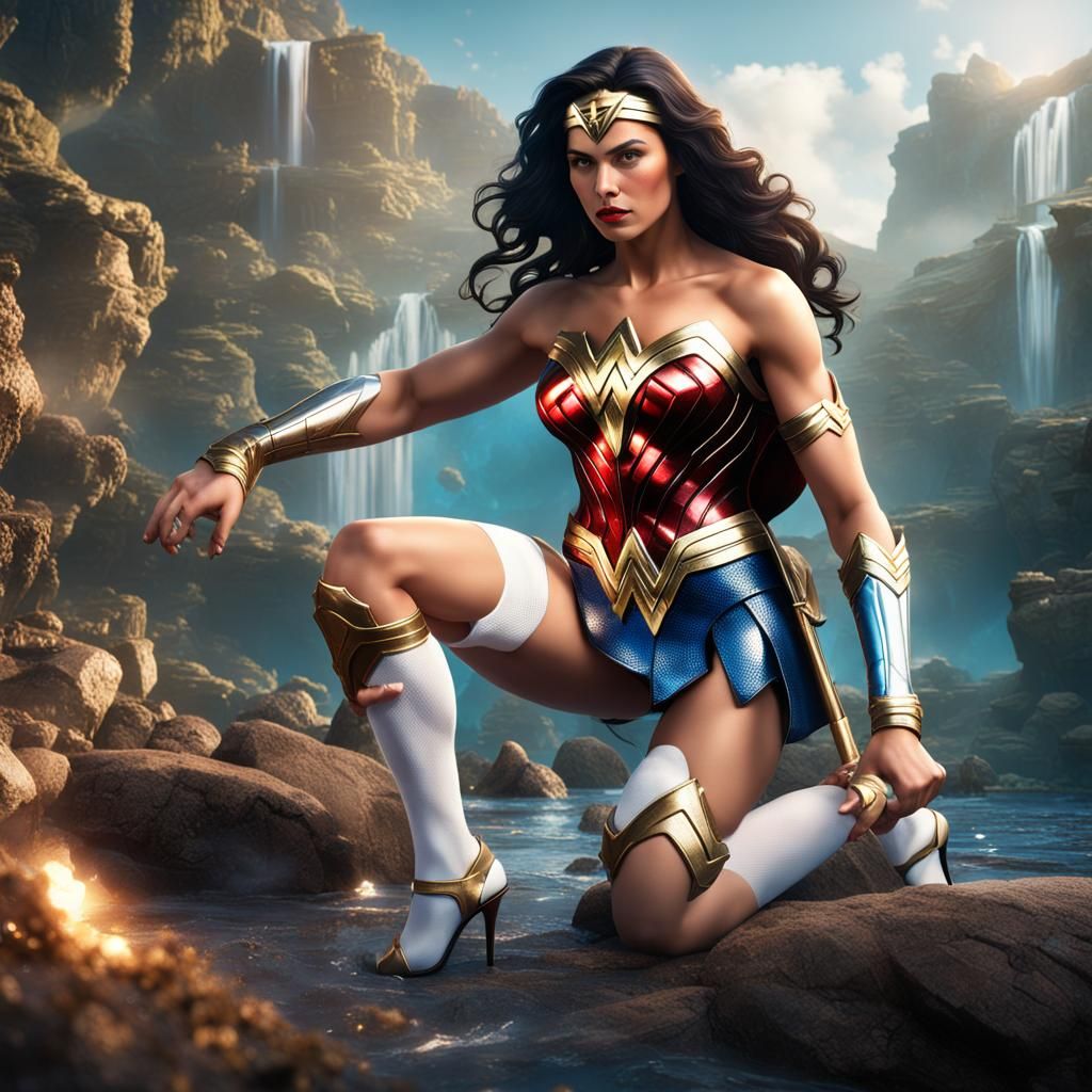 A Beautiful Wonder Woman in swimsuit, white stockings and white high heels