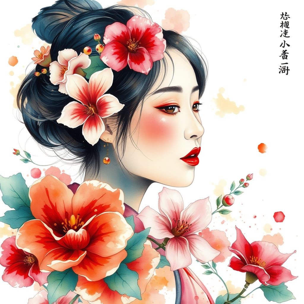 Vibrant Oriental Beauty in Impasto Watercolour