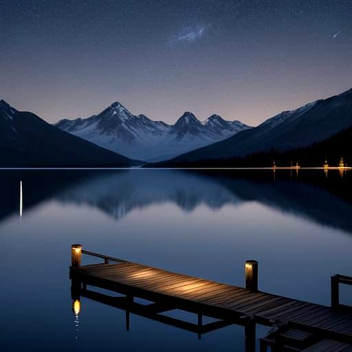 Serene Mountain Lake Night Reflection with Glowing Lantern