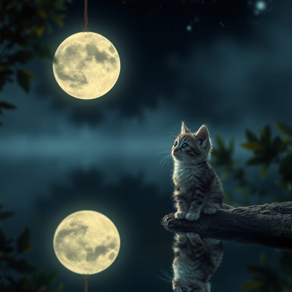 Moonlit Pond Scene with Chibi Cat