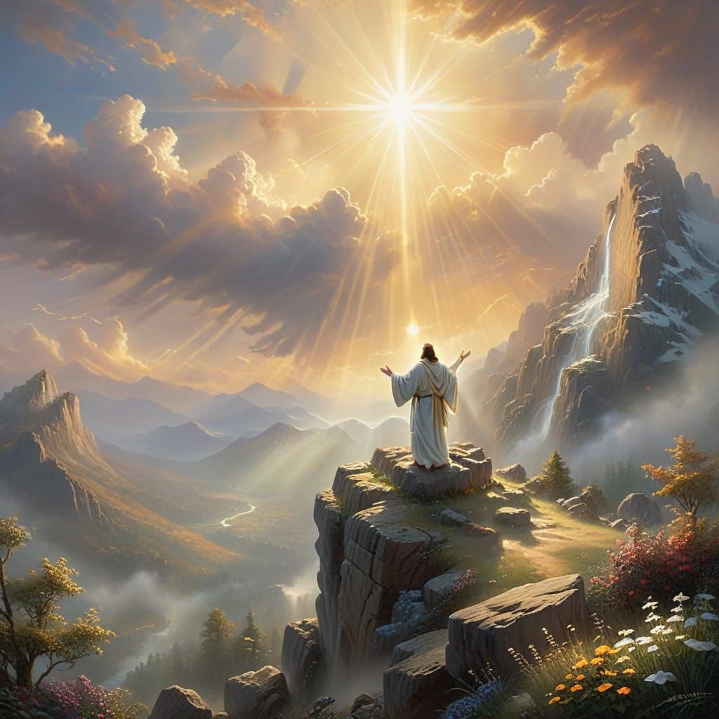 Jesus Sermon on Mountaintop with Heavenly Light