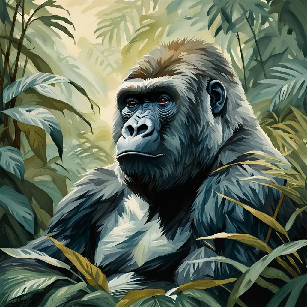 A Gorilla in Majestic Jungle Setting, in Impressionist Style