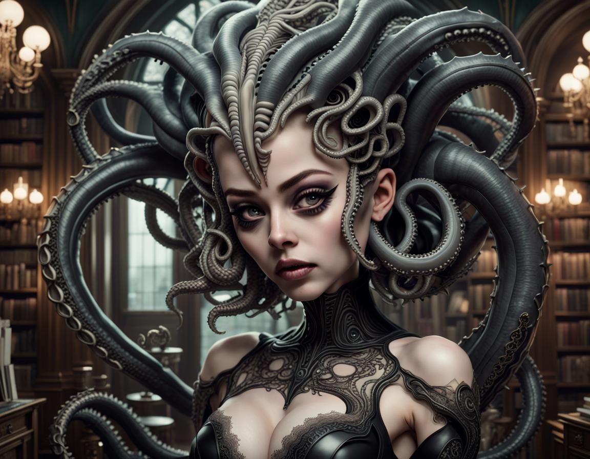 Lovecraftian Tentacle Monster in Maximalist Library