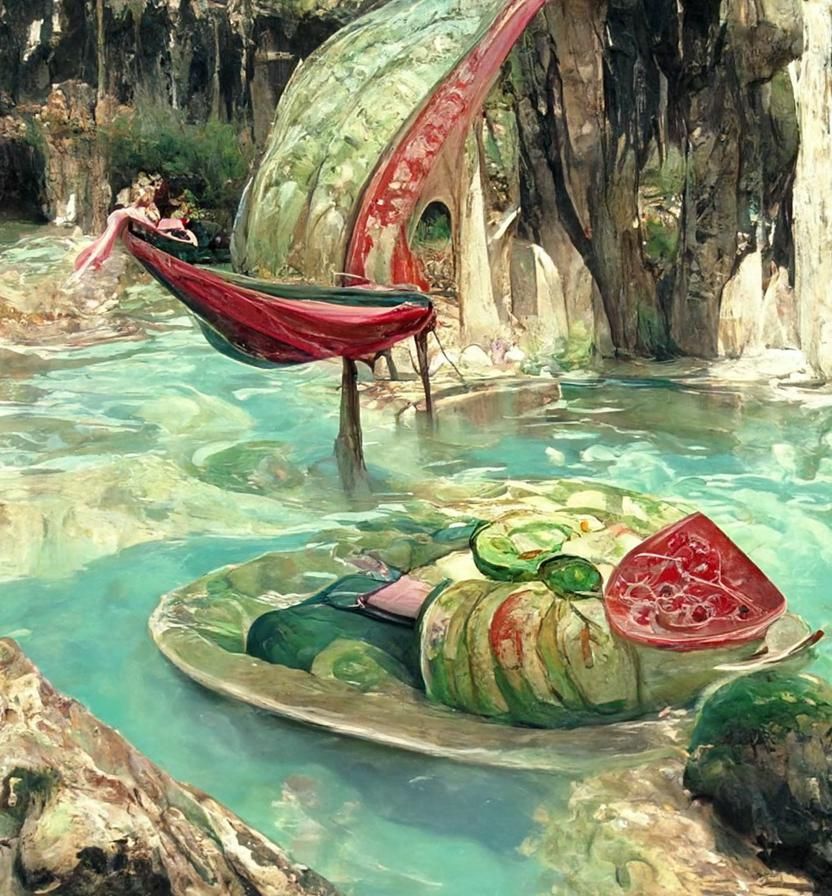 Lazy River Picnic: Art Nouveau Cel-Shaded Scene