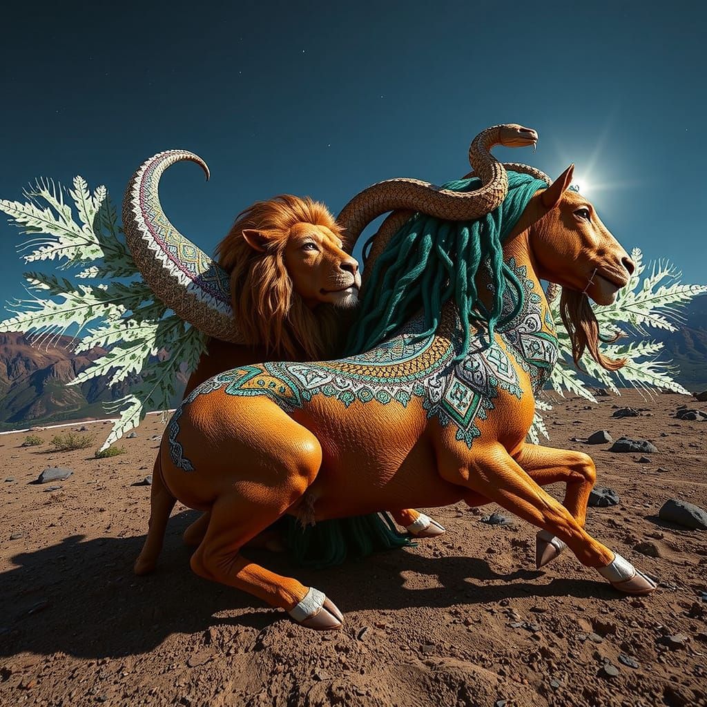 Mythical Chimera with Teal Hair and Yellow Flower in Mosaic ...