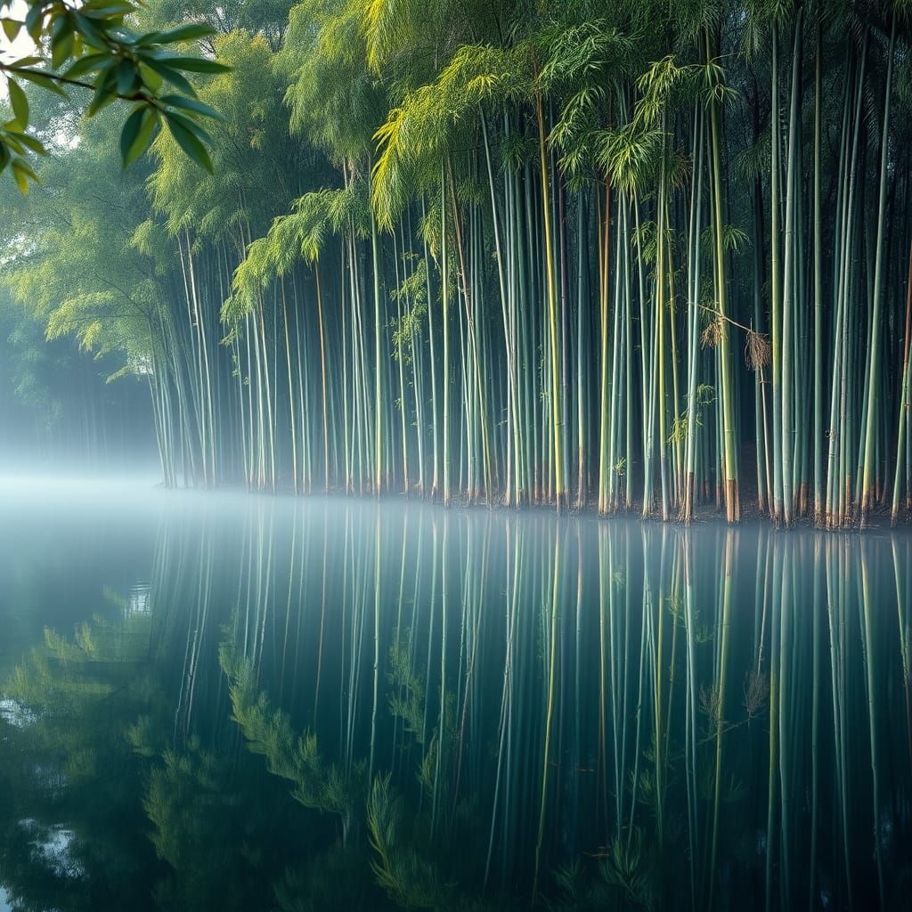 Lush Bamboo Forest Reflected in Serene Lake