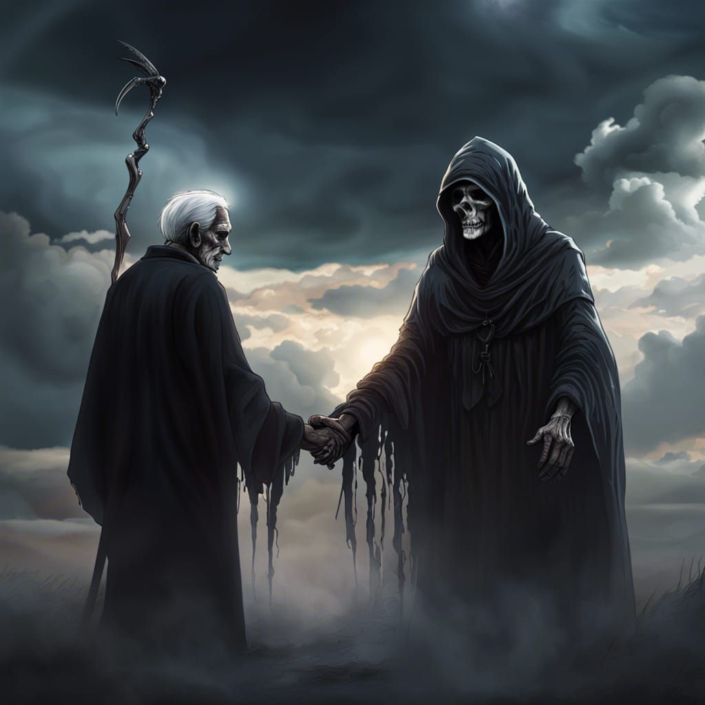 Grim Reaper Guides Old Man to Heaven