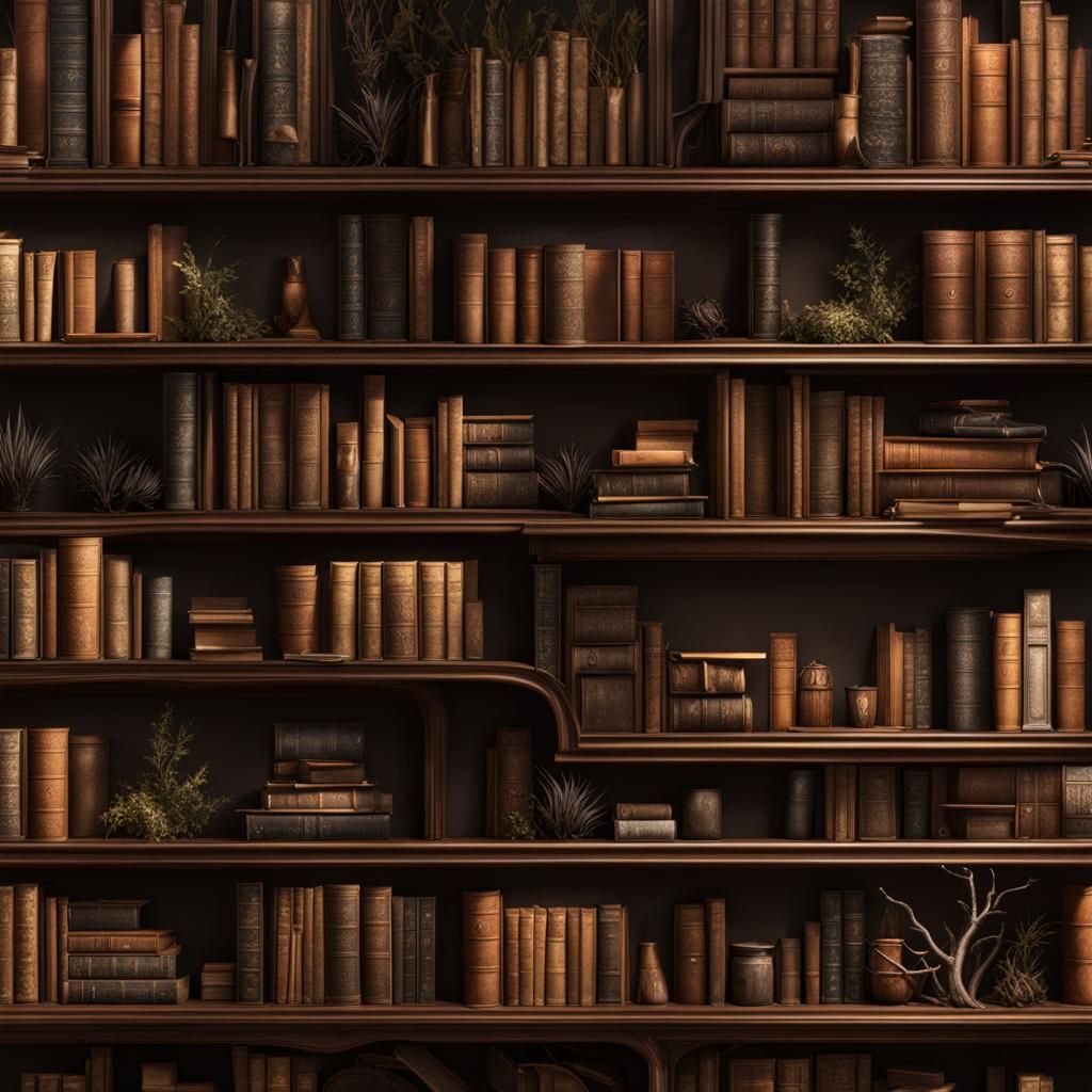 Fantasy Bookshelf with Leaf Branches in Dark Style