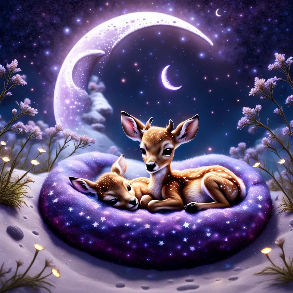 Sleeping Baby Deer on a Glowing Crescent Moon in Ethereal Sp...