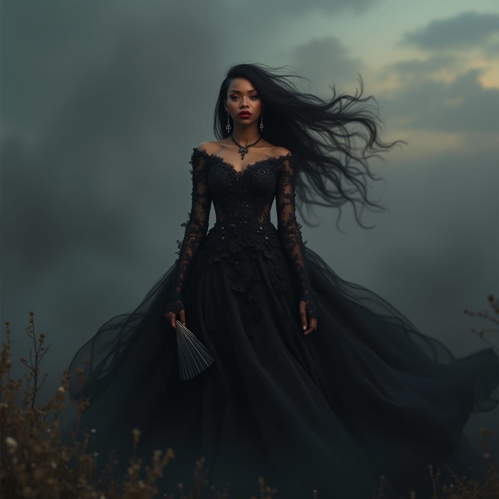 Dark Fantasy Vampire Goddess in Black Lace Dress