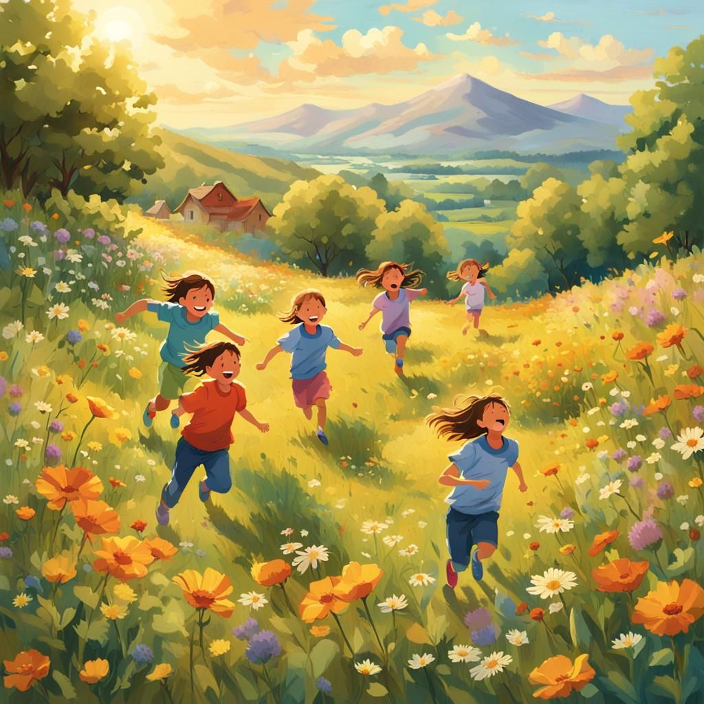 Children Playing in Meadow with Glazing Techniques