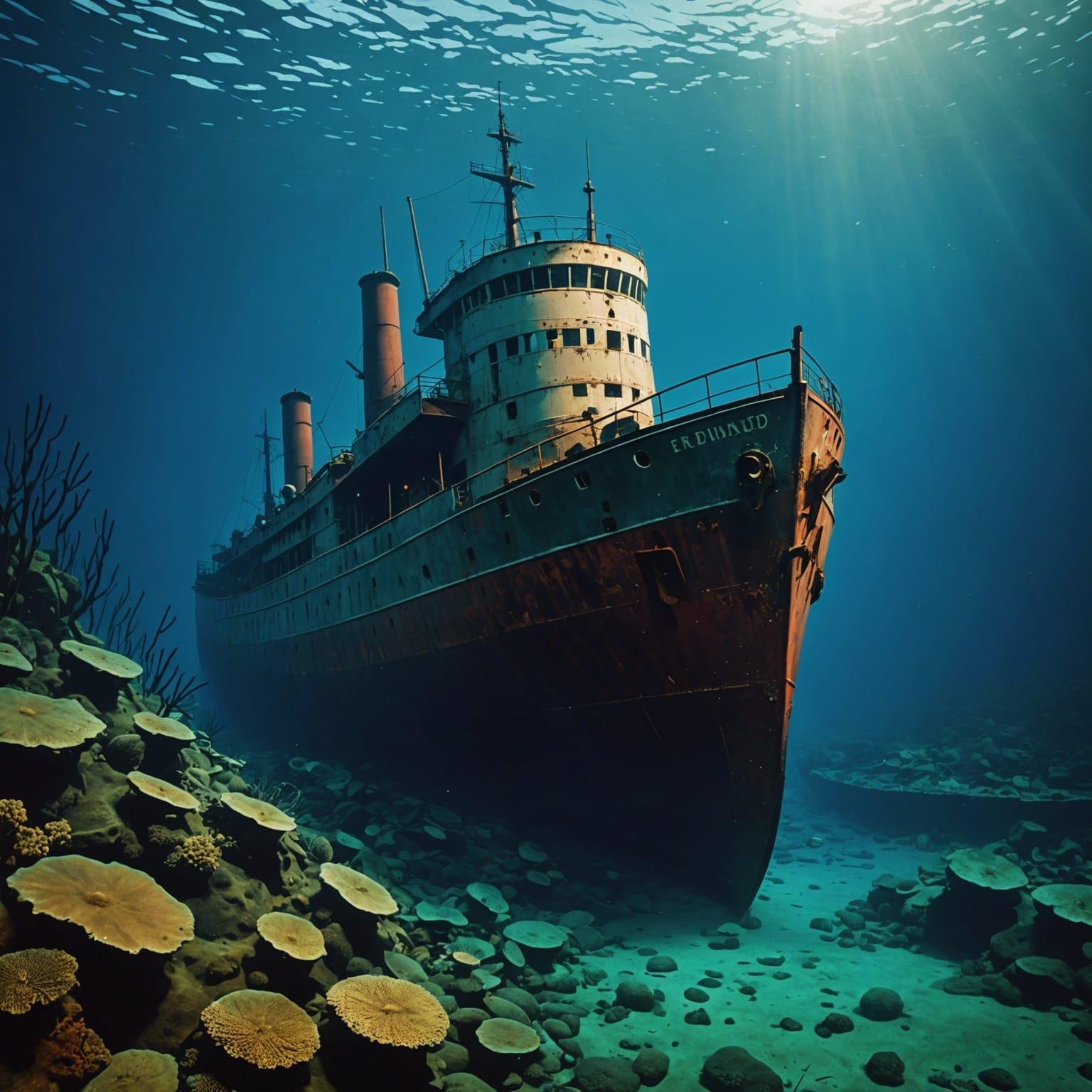 The underwater wreck of the Edmund Fitzgerald beneath Lake Superior