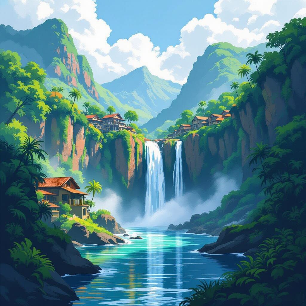Island Village Waterfall in Painterly Style