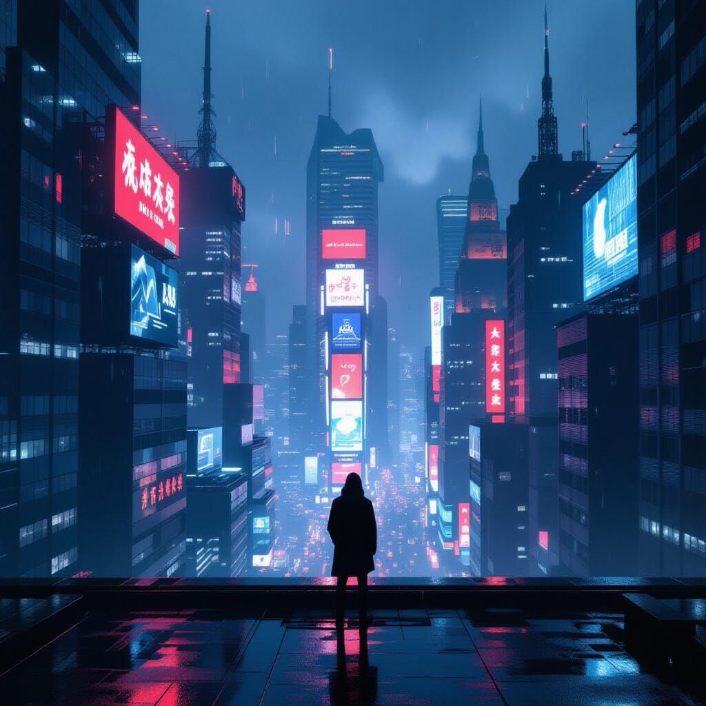 Figure on Rooftop Overlooking Neon Metropolis at Dusk