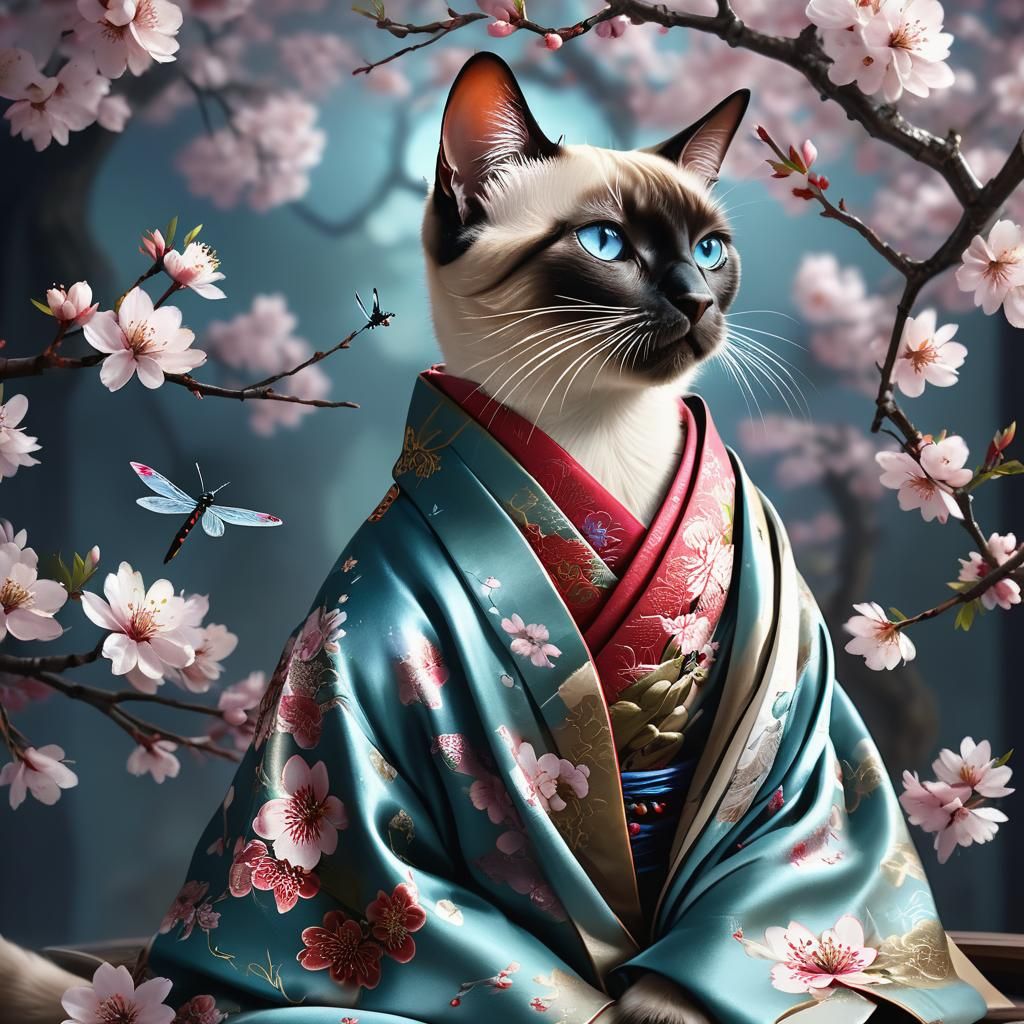 Indoor photo of siamese cat wearing a silk robe with cherry ...