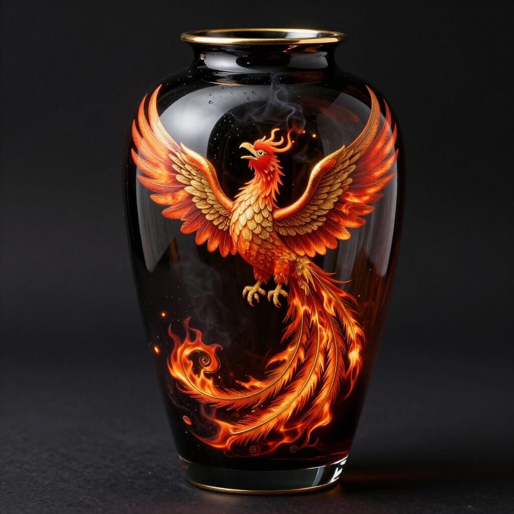 Black Glass Vase With Majestic Phoenix Design