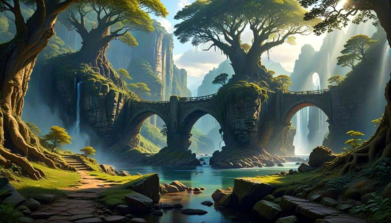 Ancient Root Bridge Between Cliffs in Fantasy Style