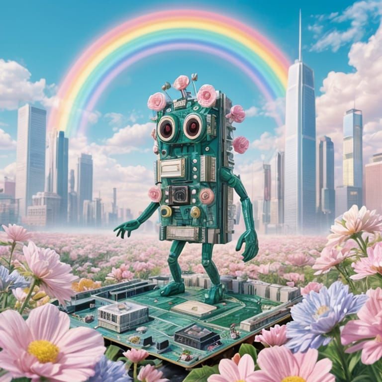 Surreal Anthropomorphic Motherboard in Pastel Tapestry