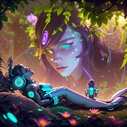 Concept art. Close up. A reclining android, surrounded by lu...