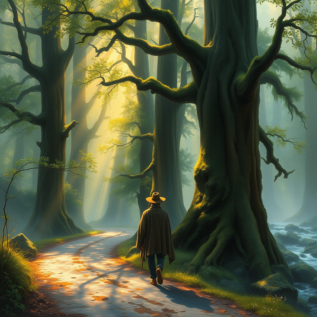 Traveler in Primeval Forest with Golden Light, Impasto Gouac...