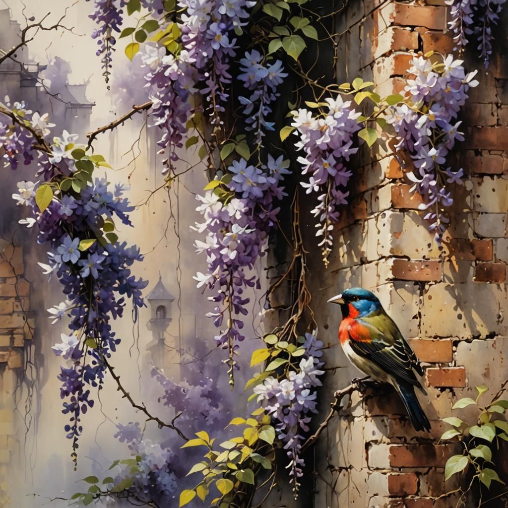 Wisteria and Finch Sumi-e Painting