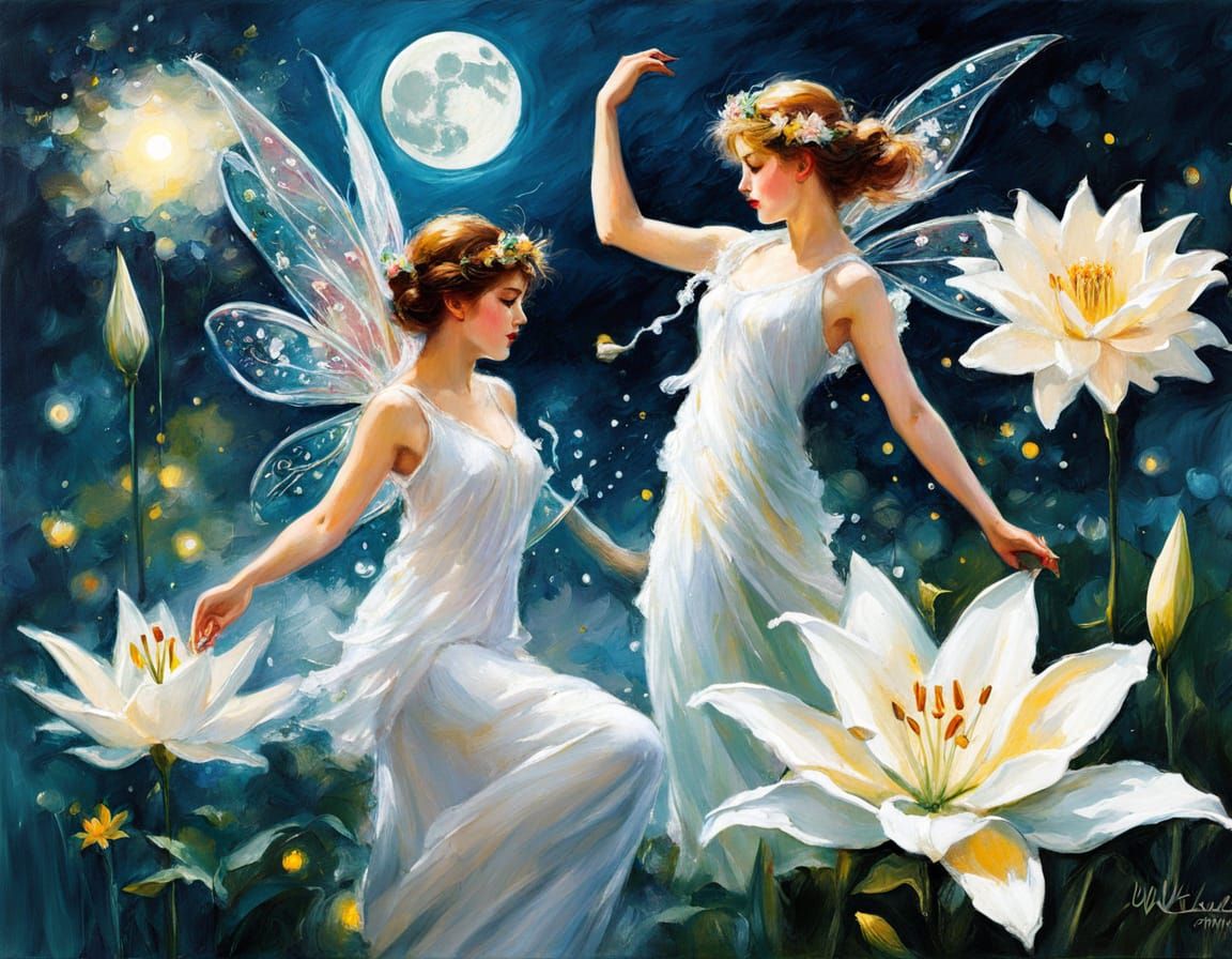 Celestial Garden Fairies Dancing on Lilies in Moonlight