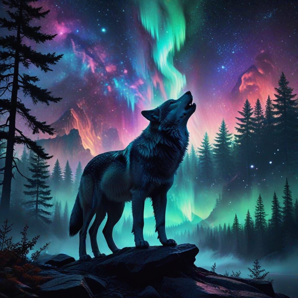 Wolf Howling at Aurora Borealis in Cosmic Silhouette