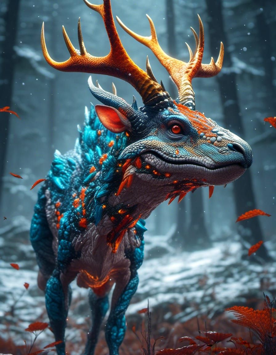 Dinosaur Deer Hybrid in Magical Digital Art Style