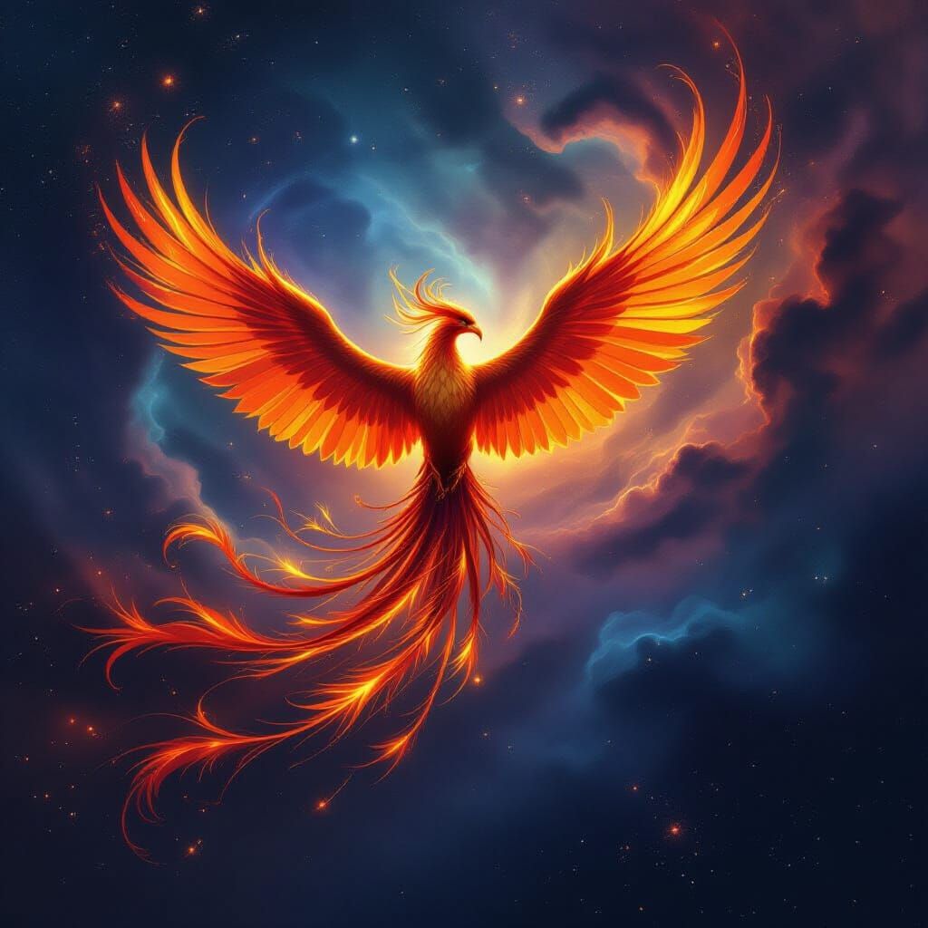 Golden Phoenix Soars Through Cosmic Nebula in Fantasy Art