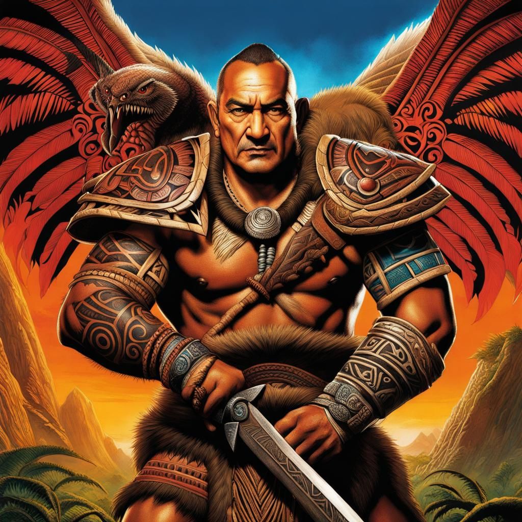 Concept 1 of Temuera Morrison as a Maori Monster Hunter, monster tattoos in a tribal style, wearing accessories taken fr...