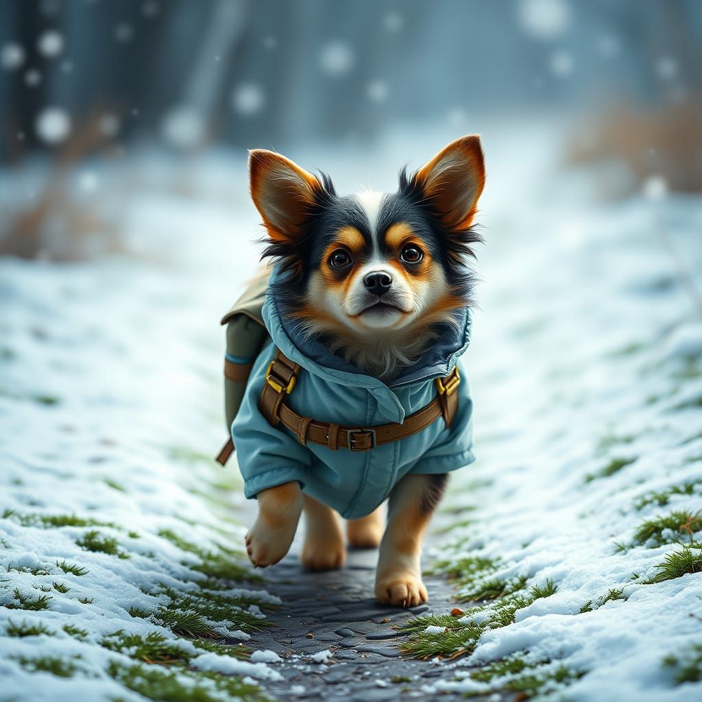 Adorable Calico Dog in Winter Wonderland