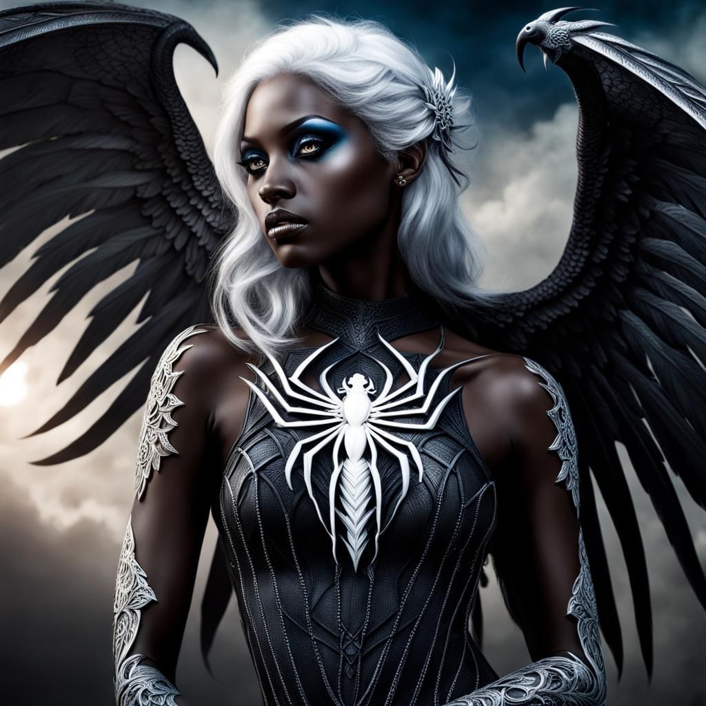 Hyperrealistic Drow Angel with Spider Tattoo