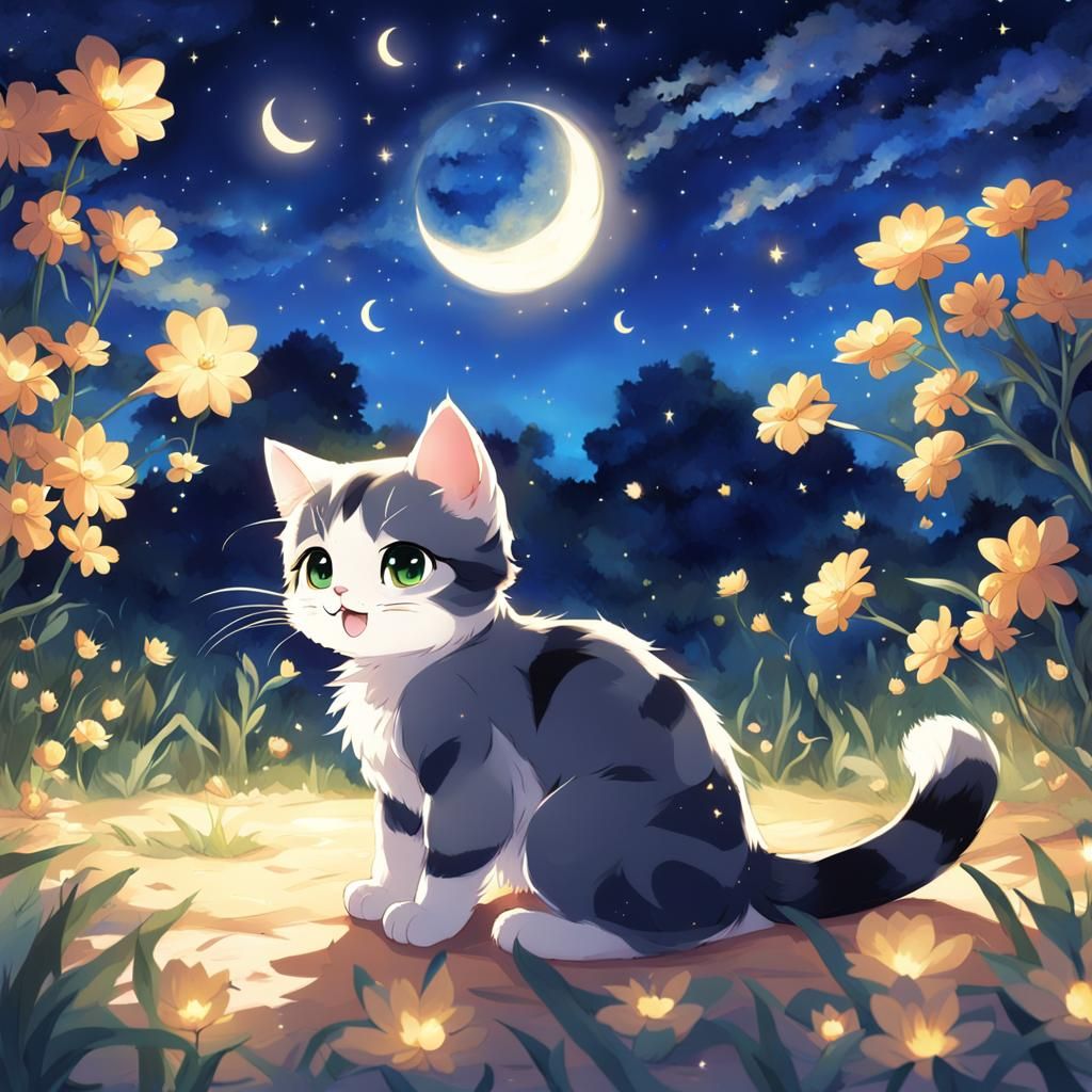 Kitten Playing Under Moon in Anime Style