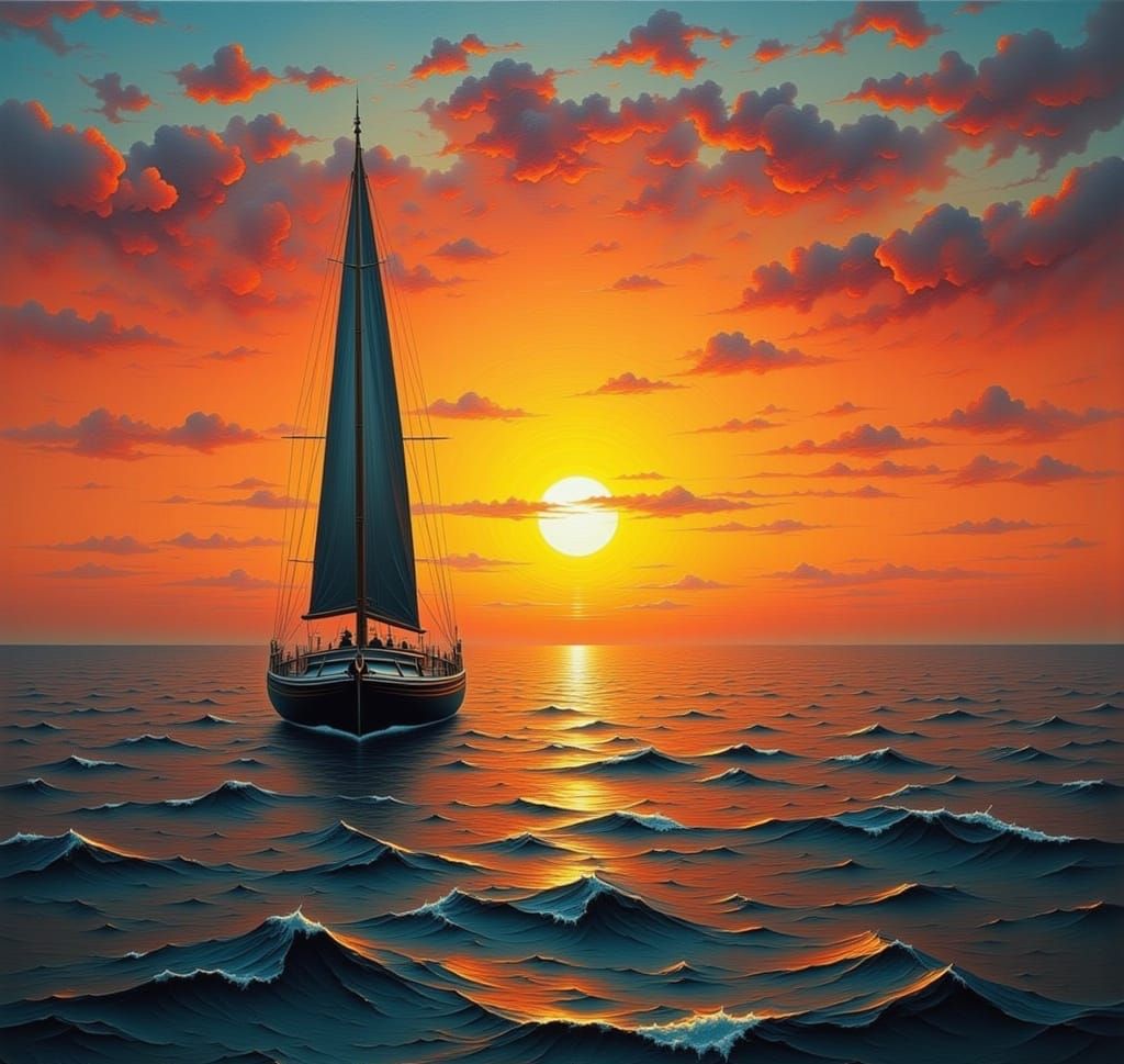 Pirate Ship Sails into Fiery Abstract Sunset