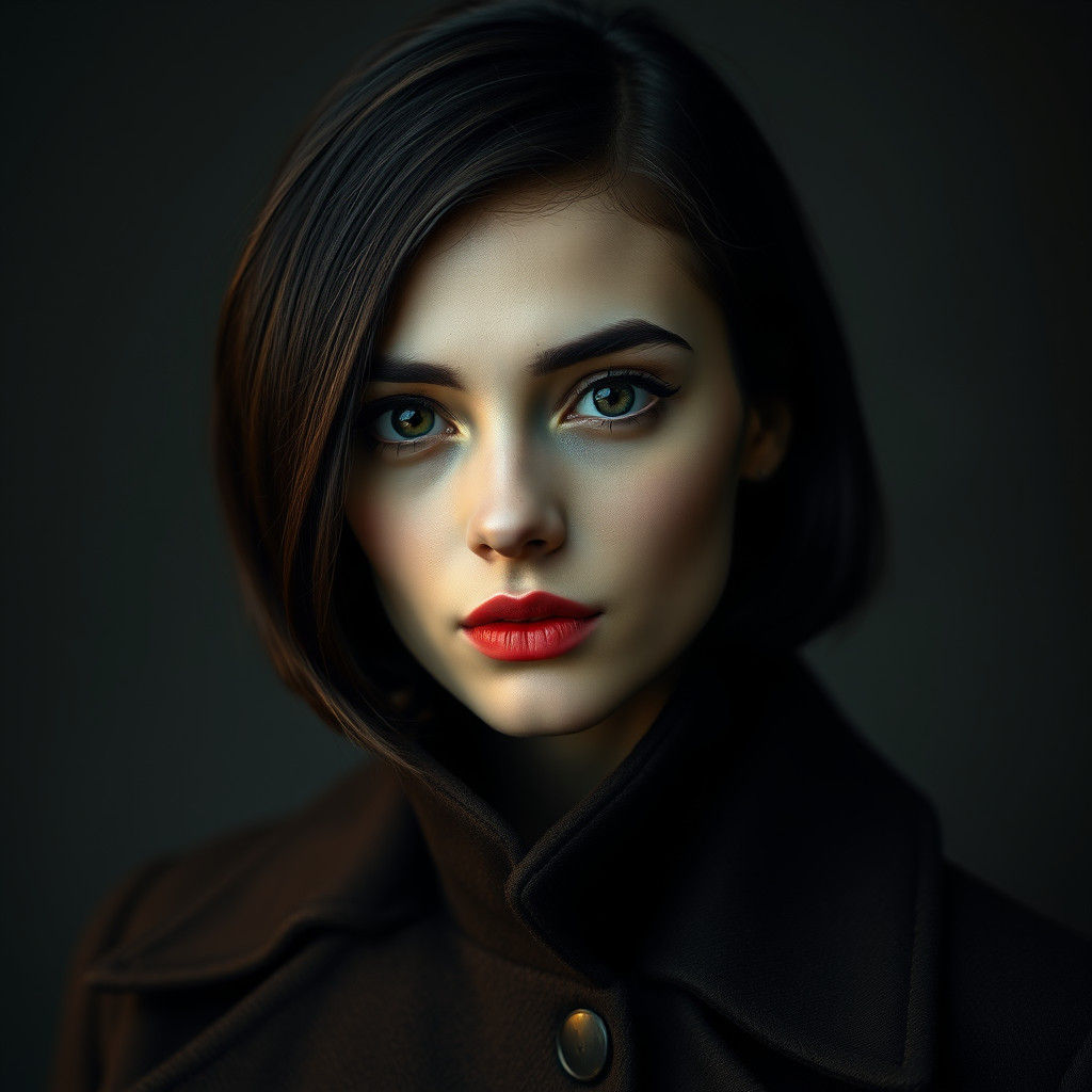 Dark-Haired Girl with Red Lips: Realistic Portrait
