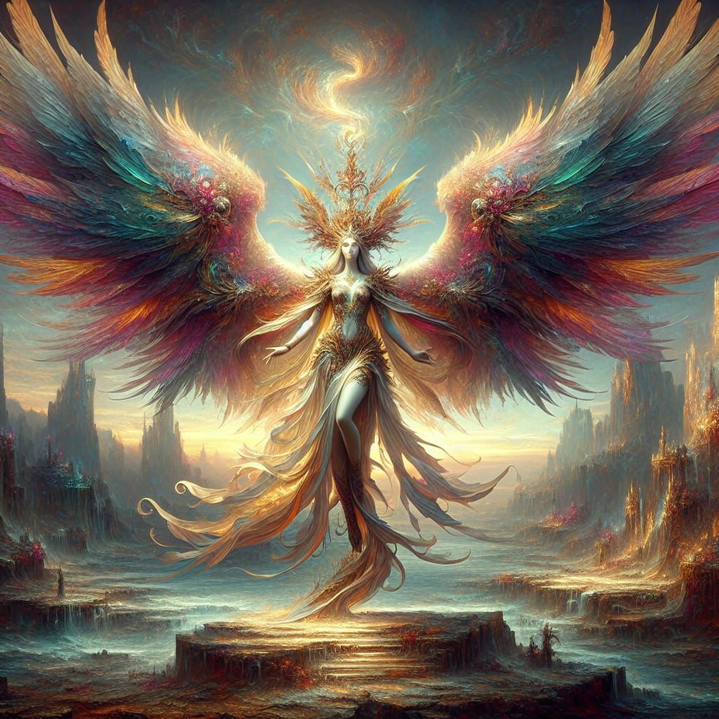 Winged Goddess in Fantastical Landscape