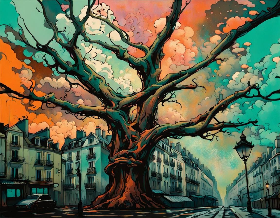 Parisian Street Scene in Art Nouveau Style