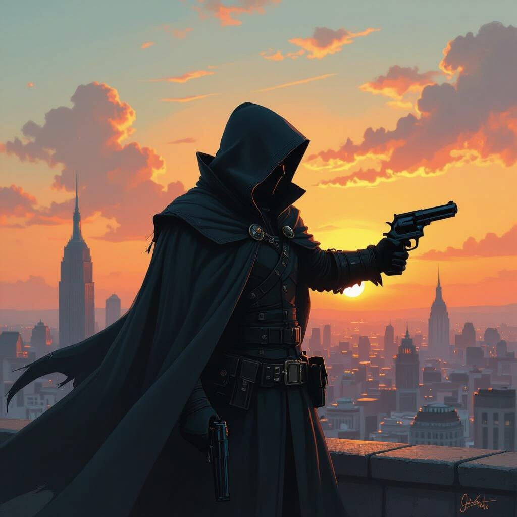 Sunset Assassin Silhouette on Rooftop in Oil Painting Style