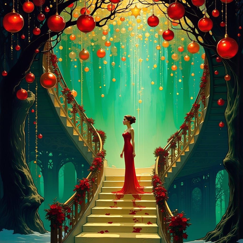 Surreal Fairy on Christmas Staircase in Art Nouveau Style