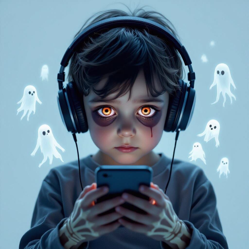 Child Lost in Digital World with Skeletal Arm