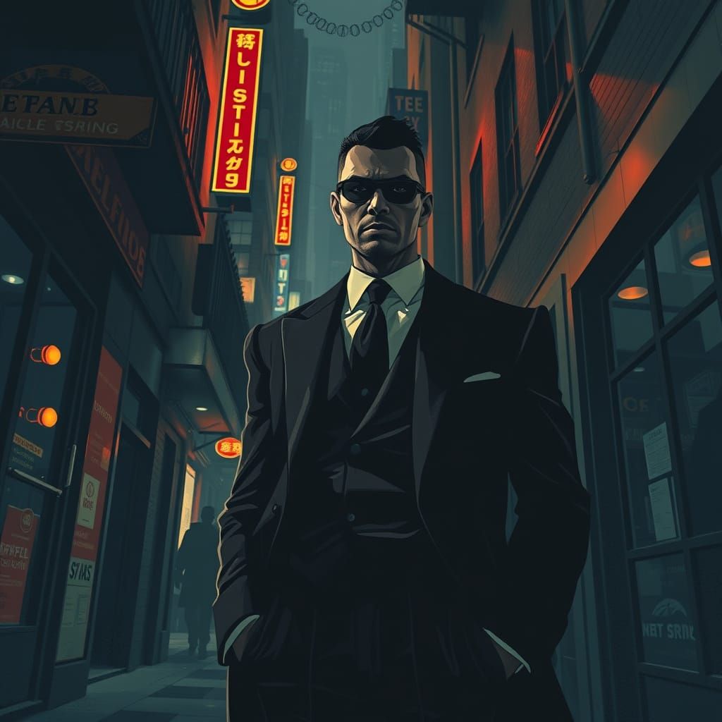 Noir Mobster in Dark Alley Amid City Nightlife