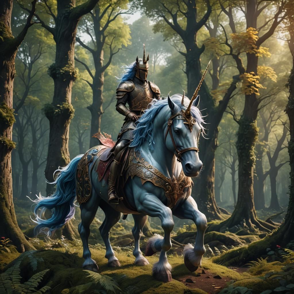 Colorful Unicorn in Medieval Forest, Digital Painting