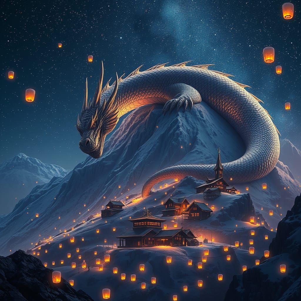 Starlit Dragon Perched on Mountain Peak