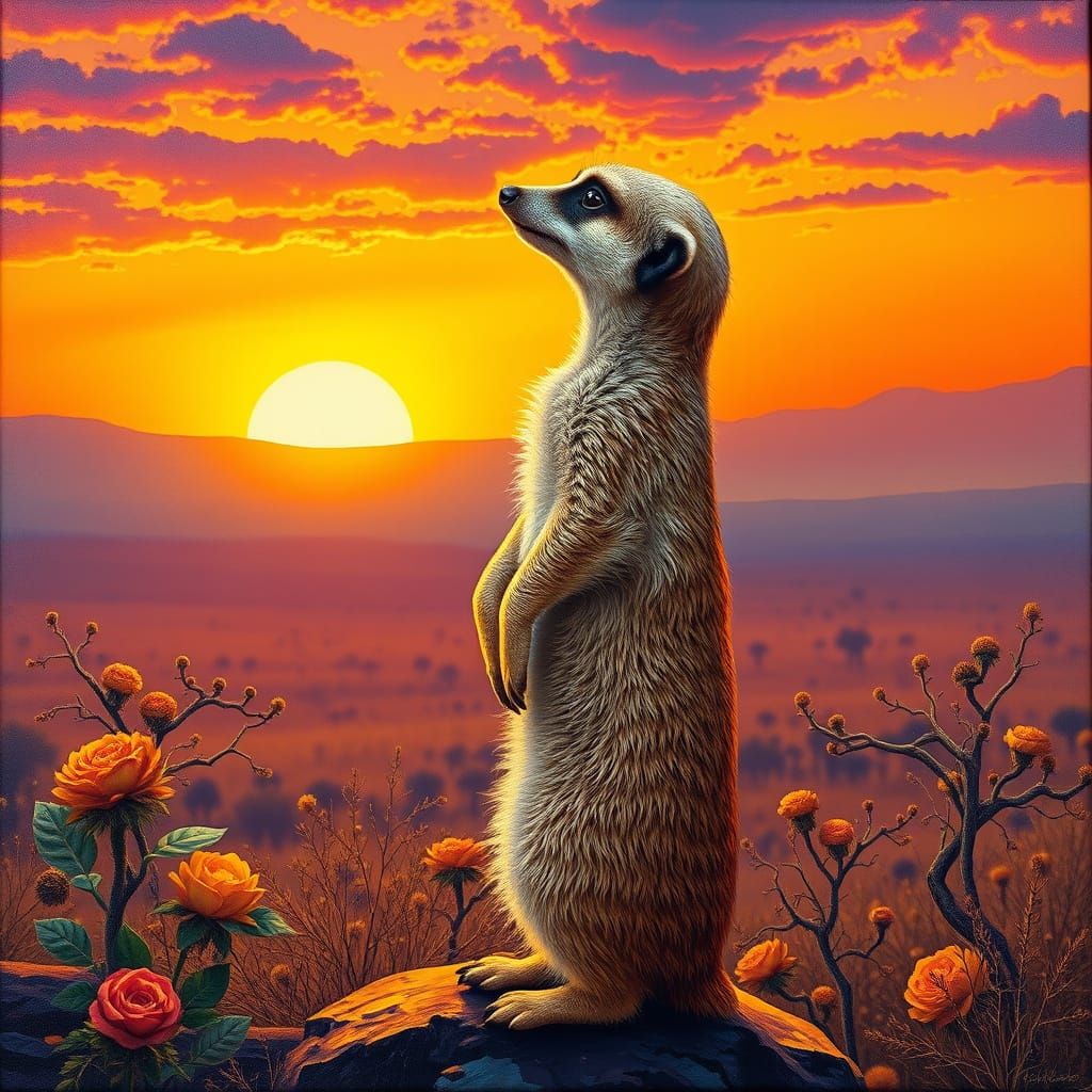 Golden-Hour Meerkat in Vibrant, Dreamlike Landscape