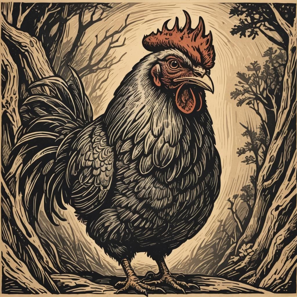 angry chicken. woodcut