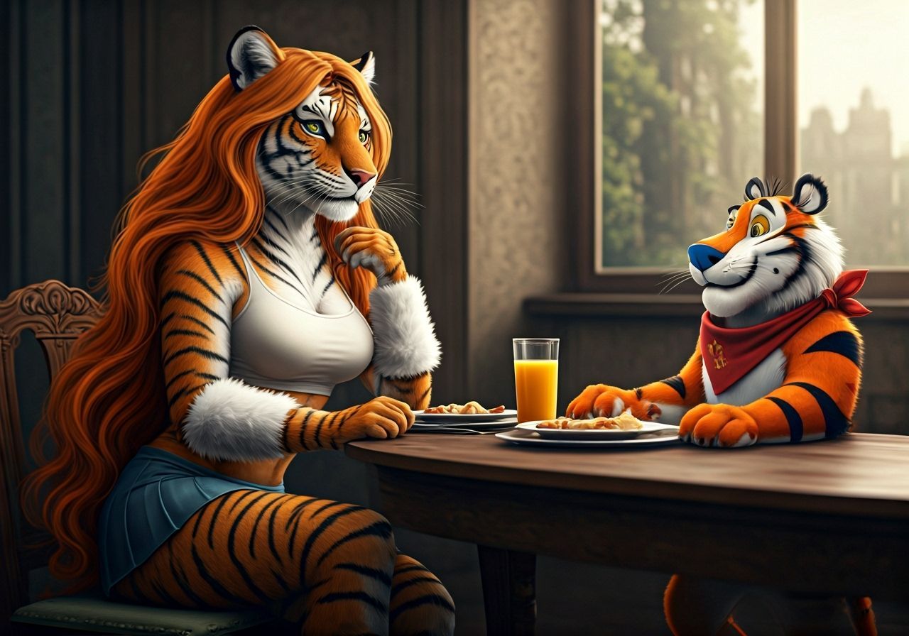 Anthropomorphic Tigress at Breakfast, Cinematic Film Still