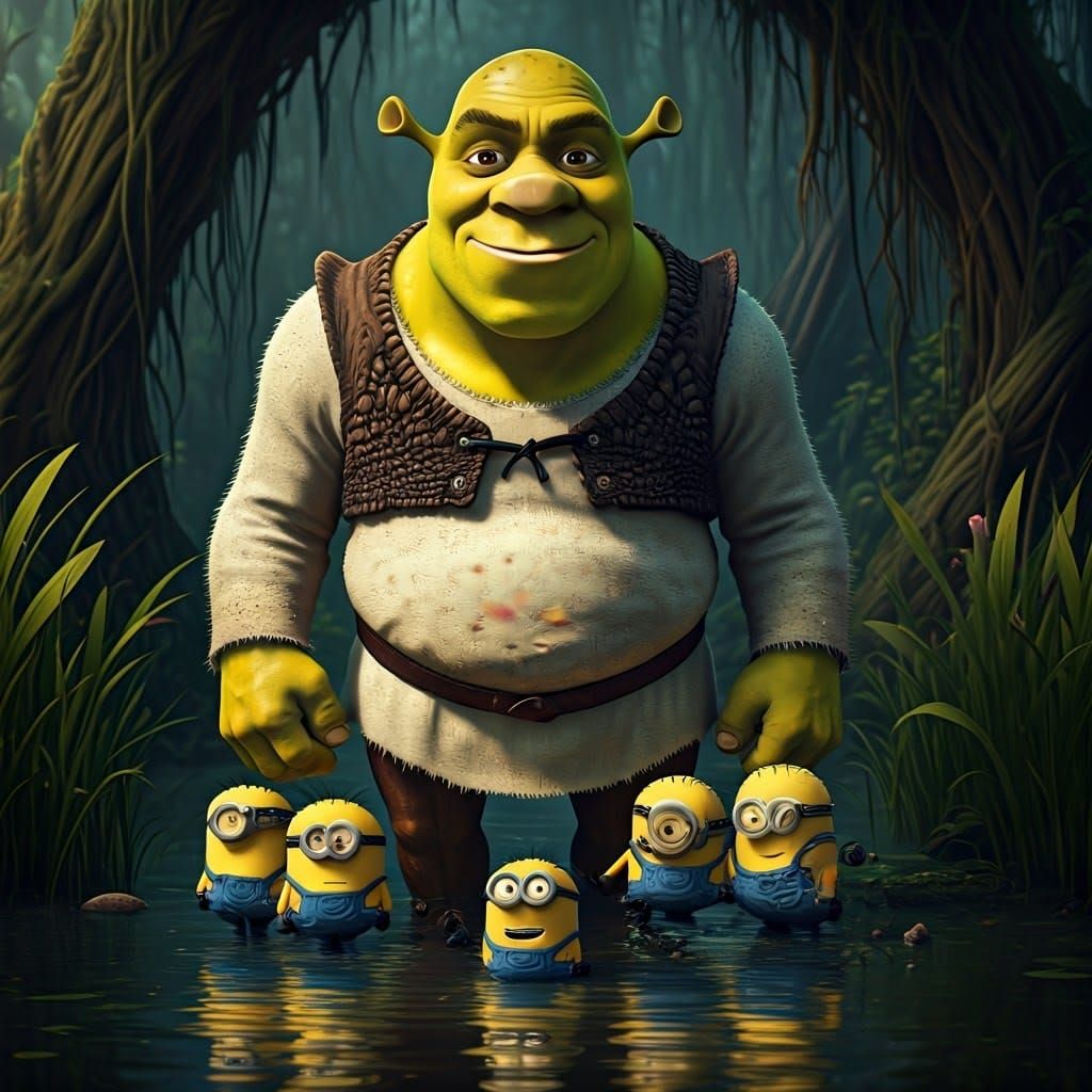 Shrek and Minions Hybrid in Fantasy Swamp